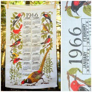 Vintage 1966 Garden Songbirds & Pheasant Linen Calendar Tea Towel Birthday Gift